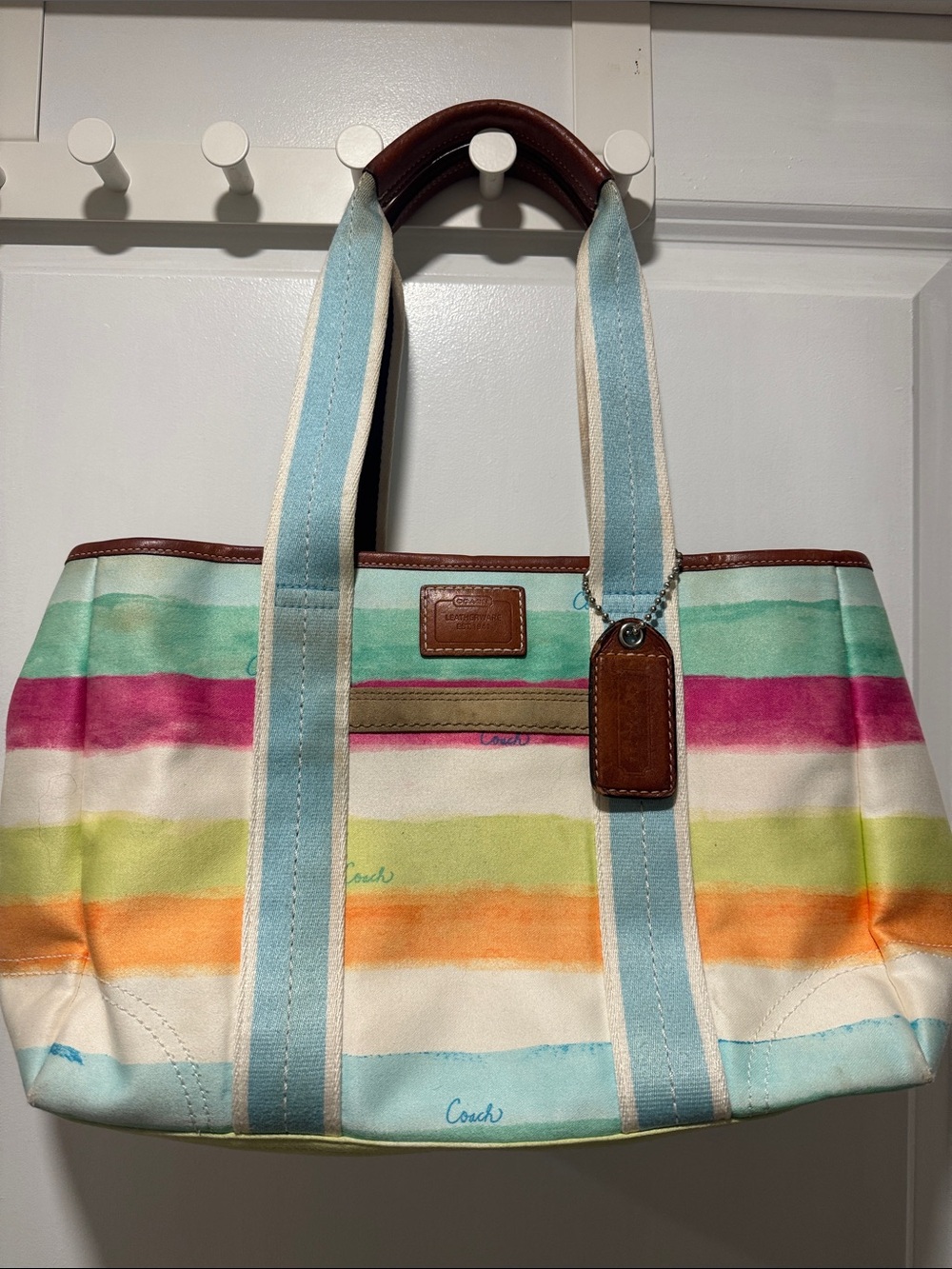 Vintage Coach Watercolor Stripe Hampton Canvas Tote with Leather Trim